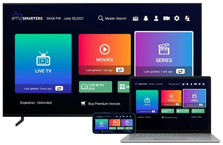 Promotional banner showcasing IPTV streaming content including blockbuster movies, Premier League football, kids' shows, and TV dramas like Tenet, Succession, Blaze, and The Equalizer.