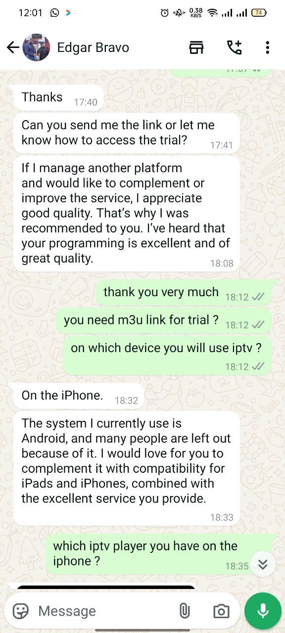 Screenshot of a WhatsApp conversation between a customer and IPTV support agent, discussing playlist customization and removing unwanted language channels for a personalized viewing experience.