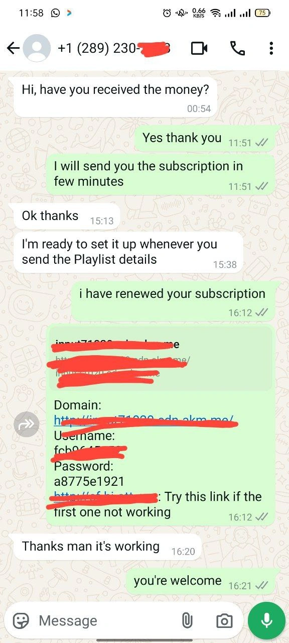 Screenshot of a WhatsApp conversation between a customer and IPTV support agent, discussing playlist customization and removing unwanted language channels for a personalized viewing experience.