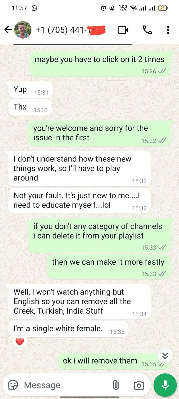 Screenshot of a WhatsApp conversation between a customer and IPTV support agent, discussing playlist customization and removing unwanted language channels for a personalized viewing experience.