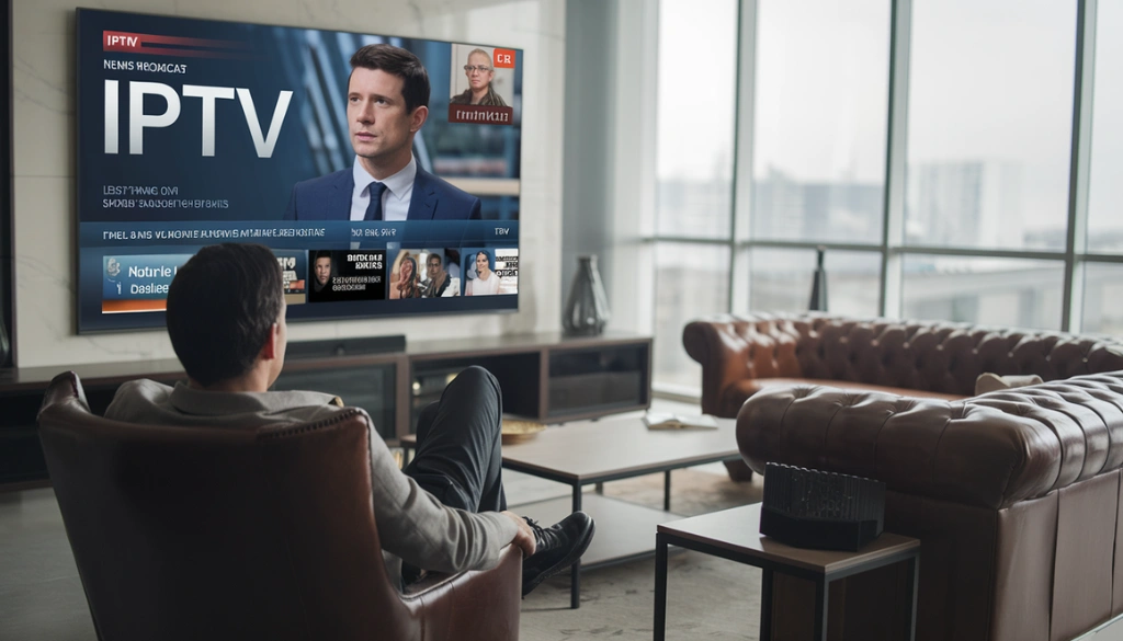 A man sitting on a chair in a modern living room watching an IPTV news broadcast on a large screen TV. The interface shows various channels and content options. The environment has large windows, offering a bright and spacious atmosphere.