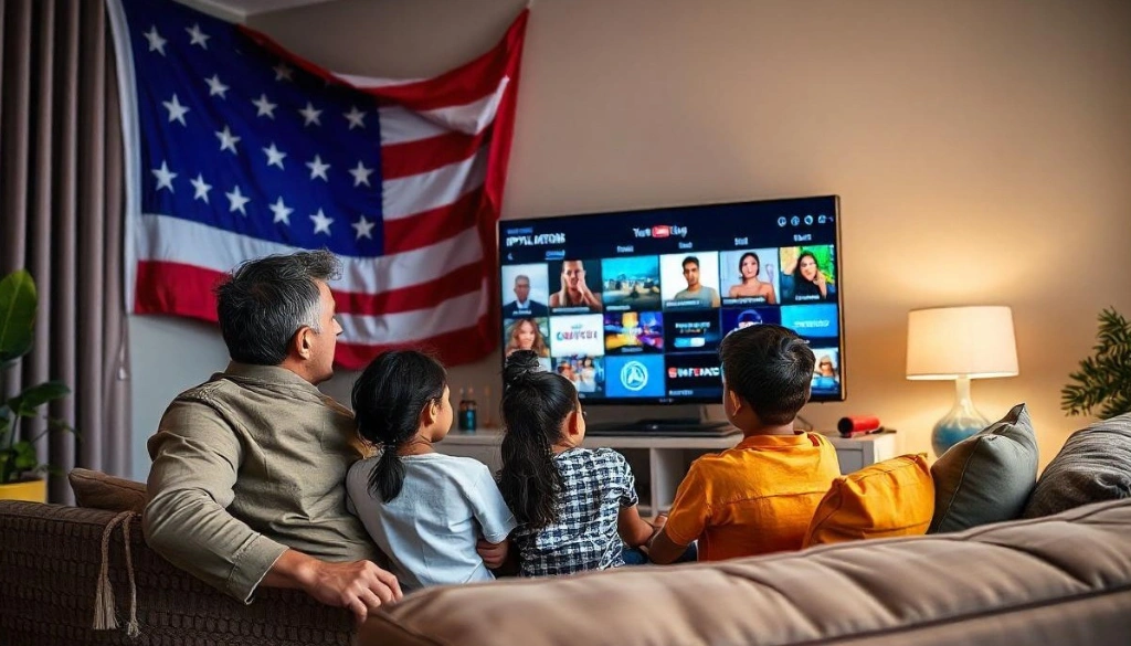 A family of four, including two children and their parents, enjoying TV together while watching YouTube on a large screen. The American flag is visible in the background as they relax on a couch in their living room.