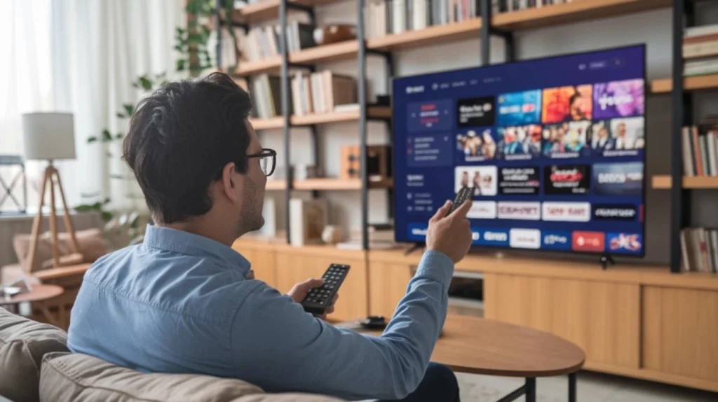 A man sitting on a sofa in a modern living room using a remote control to browse IPTV content on a large smart TV. The screen displays a user-friendly IPTV interface with categories like movies, TV series, and live channels.