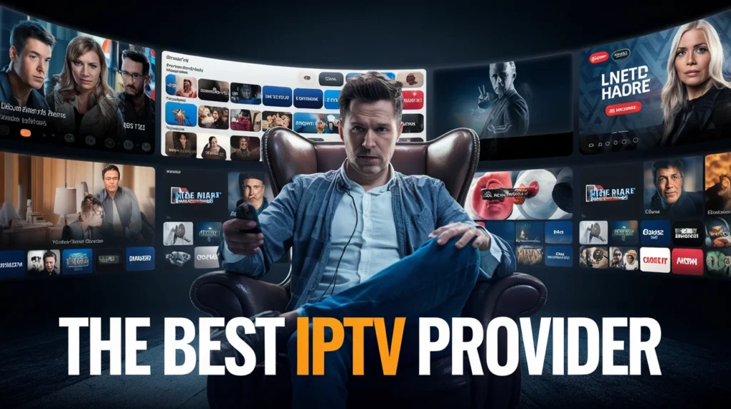 A man sitting confidently in a leather chair holding a remote, surrounded by curved digital IPTV interfaces showcasing various TV shows and movies. The background features multiple streaming content thumbnails in HD and 4K. Bold text at the bottom reads “The Best IPTV Provider.”