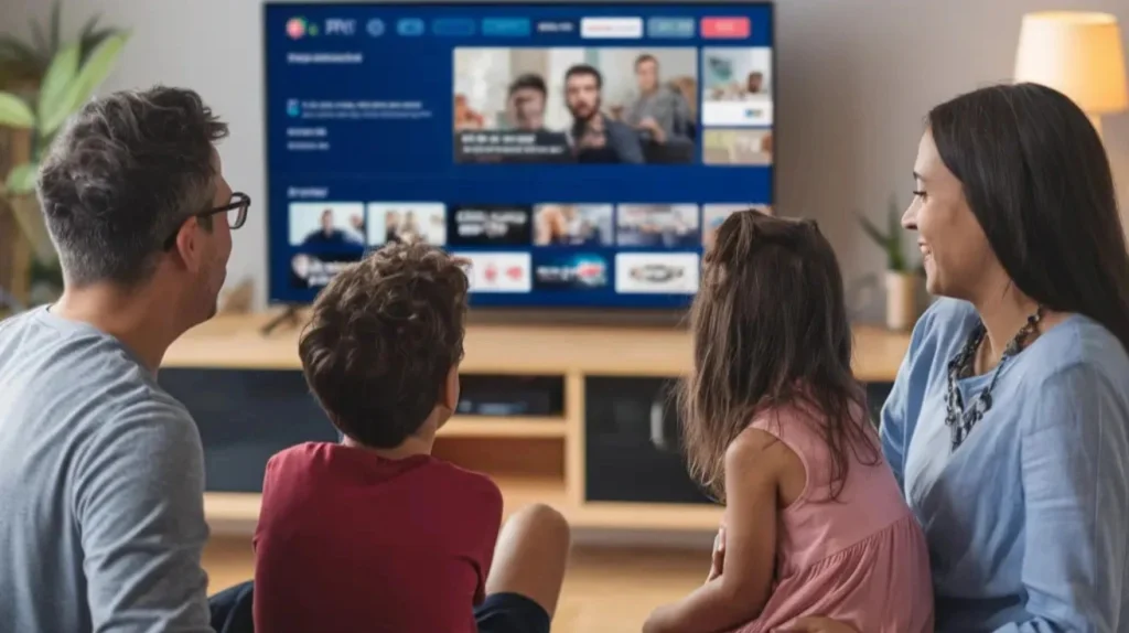 A smiling family with two young children sitting in a cozy living room, watching IPTV on a large smart TV. The screen displays a modern user interface with categories for live TV, movies, and shows. The atmosphere is warm, relaxed, and family-friendly.